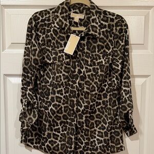 Michael Kors Leopard Print Button-Down Shirt - Black & Tan